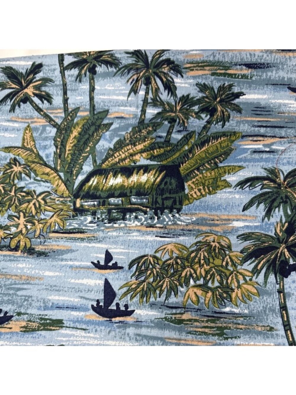 Hawaiian Scenic Cotton Fabric 22" x 42" Palm Trees Canoes Huts Blue Green Materi